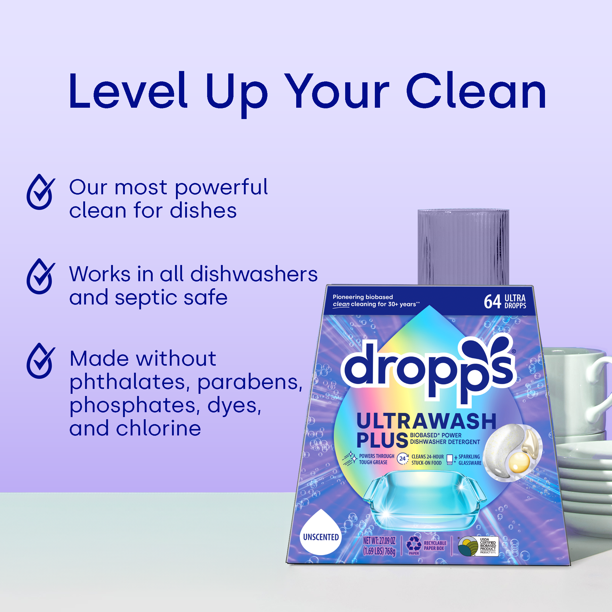 UltraWash Plus Biobased Power Dishwasher Detergent Pods, Unscented
